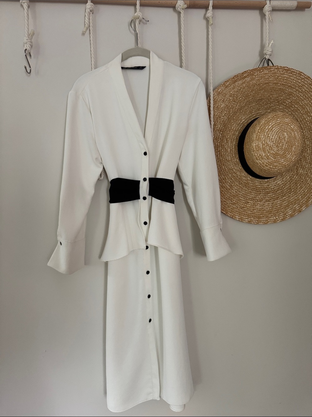 Zara White Midi Dress with Black Waist Band